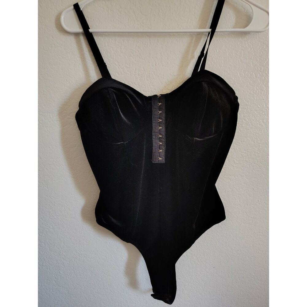 Goth Black Velvet Bodysuit Hook Eye Bustier Top Whimsigoth Camisole